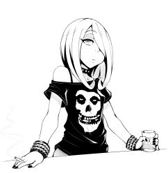 Rule 34 | 10s, 1girl, alternate costume, bags under eyes, band shirt, bare shoulders, black nails, black shirt, bra strap, choker, cigarette, collar, drink, geewhy, glass, goth fashion, greyscale, hair over one eye, highres, little witch academia, long hair, merchandise, misfits, monochrome, nail polish, off-shoulder shirt, off shoulder, open mouth, punk, shirt, smoking, solo, spiked collar, spikes, sucy manbavaran, t-shirt