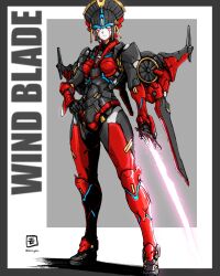 Rule 34 | 1girl, absurdres, autobot, blue eyes, border, character name, energy gun, flame toys windblade, frown, grey border, hand on own hip, highres, holding, holding sword, holding weapon, looking at viewer, mecha, moyan, procreate (medium), robot, shadow, solo, sword, transformers, twitter username, weapon, windblade