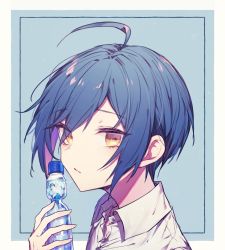 Rule 34 | 1boy, ahoge, blue hair, border, bottle, brown eyes, closed mouth, collared shirt, danganronpa (series), danganronpa v3: killing harmony, goto (sep), grey background, hand up, highres, holding, holding bottle, long sleeves, looking at viewer, looking to the side, male focus, portrait, saihara shuichi, shirt, short hair, solo, white border, white shirt, wing collar