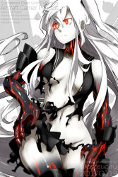 Rule 34 | 1girl, abyssal ship, aircraft carrier princess, black sailor collar, black skin, breasts, character name, claws, closed mouth, colored skin, copyright name, hair between eyes, hand on own hip, kantai collection, long hair, medium breasts, multicolored skin, one side up, oso (toolate), pale skin, red eyes, red skirt, sailor collar, simple background, skirt, solo, torn clothes, very long hair, white hair