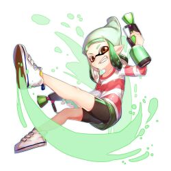 Rule 34 | 1girl, beanie, bike shorts, bike shorts under skirt, black shorts, brown eyes, dual wielding, full body, green hair, green headwear, green skirt, grin, hat, highres, holding, holding weapon, inkling, inkling girl, inkling player character, nintendo, pointy ears, shirt, sho bu 1116, shoes, shorts, simple background, skirt, smile, splat dualies (splatoon), splatoon (series), striped clothes, striped shirt, tentacle hair, weapon, white footwear