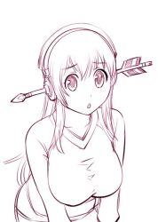 Rule 34 | 1girl, arrow (projectile), arrow in body, arrow in head, breasts, female focus, headphones, large breasts, long hair, looking at viewer, monochrome, nitroplus, object through head, open mouth, solo, super sonico, ueyama michirou
