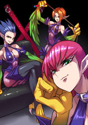 Rule 34 | 3girls, absurdres, blue hair, breasts, claws, cleavage, collar, couch, covered navel, cross, dominatrix, duel monster, dungeon, feathered wings, fewer digits, garter straps, green eyes, hair over one eye, harpie lady, harpie lady 1, harpie lady sisters, highres, holding, holding whip, long hair, looking at viewer, medium breasts, multiple girls, orange hair, pink hair, pointy ears, revealing clothes, ryuusei (mark ii), selfie, sharp claws, siblings, sisters, sitting, small breasts, spiked collar, spiked hair, spikes, talons, whip, winged arms, wings, you gonna get raped, yu-gi-oh!, yu-gi-oh! duel monsters
