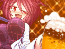 Rule 34 | 1girl, alcohol, beer, blush, bouncing breasts, breasts, drunk, female focus, horikawa raiko, kuresento, large breasts, open mouth, red eyes, red hair, solo, sparkle, touhou