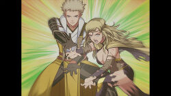 Rule 34 | 1boy, 1girl, armor, black bridal gauntlets, blonde hair, bodystocking, breasts, bridal gauntlets, cape, circlet, cleavage, commission, commissioner upload, covered navel, father and daughter, fire emblem, fire emblem awakening, fire emblem fates, gloves, gold cape, gold panties, grey eyes, heel-less legwear, highres, hip armor, japanese armor, kshatriya 666, long hair, looking at viewer, medium breasts, nintendo, non-web source, official alternate costume, open mouth, ophelia (fire emblem), owain (fire emblem), panties, parody, short hair, simple background, thighhighs, underwear, yellow panties