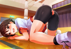 Rule 34 | 1girl, all fours, ball, bike shorts, black shorts, black socks, blurry, blurry background, blurry foreground, blush, brown eyes, brown hair, censored, commentary request, crotchless, curtains, depth of field, door, exit sign, floor, from behind, girls und panzer, gym, gym shirt, gym uniform, highres, indoors, isobe noriko, kilesha, looking at viewer, looking back, midriff peek, open mouth, round teeth, saliva, shirt, shoes, short hair, short sleeves, shorts, skindentation, sneakers, socks, solo, sparkle background, sportswear, sweat, tearing up, tears, teeth, torn bike shorts, torn clothes, uniform, upper teeth only, volleyball (object), volleyball uniform, white footwear, white shirt, wooden floor