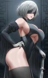 Rule 34 | 1girl, abpart, alternate costume, ass, bare shoulders, black blindfold, black dress, black sleeves, blindfold, breasts, china dress, chinese clothes, cleavage, cleavage cutout, closed mouth, clothing cutout, detached sleeves, dress, facing viewer, from side, gloves, grey hair, highres, holding, holding sword, holding weapon, juliet sleeves, katana, large breasts, long sleeves, mole, mole under mouth, nier (series), nier:automata, puffy sleeves, short hair, simple background, sleeveless, sleeveless dress, solo, sword, thighs, underboob, weapon, white gloves, 2b (nier:automata)