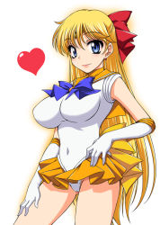 Rule 34 | 1990s (style), 1girl, aino minako, bishoujo senshi sailor moon, blonde hair, blue eyes, blush, bow, breasts, earrings, elbow gloves, gloves, hair bow, half updo, heart, impossible clothes, jewelry, large breasts, leotard, long hair, magical girl, microskirt, onizuka takuto, orange skirt, pleated skirt, red bow, retro artstyle, sailor venus, simple background, skirt, smile, solo, tiara, uniform, very long hair, white background, white gloves