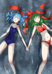 Rule 34 | 2girls, 3692materia, bare shoulders, bikini, blue hair, blush, blush stickers, bow, breasts, collarbone, competition school swimsuit, closed eyes, female focus, flat chest, front ponytail, hair bobbles, hair bow, hair ornament, hair ribbon, highres, holding hands, kagiyama hina, kawashiro nitori, long hair, lying, multiple girls, no headwear, no headwear, on back, one-piece swimsuit, open mouth, partially submerged, red bikini, ribbon, school swimsuit, short hair, short twintails, side-tie bikini bottom, swimsuit, touhou, twintails, two side up, water, wet, wet clothes