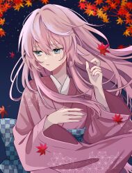 Rule 34 | 1girl, blue eyes, cowboy shot, crying, crying with eyes open, falling leaves, floating hair, hair between eyes, hands up, highres, japanese clothes, kimono, leaf, long hair, long sleeves, looking to the side, maple leaf, megurine luka, naguno-0713, nail polish, night, night sky, obi, outdoors, pink hair, pink kimono, pink nails, sash, sidelocks, sky, solo, star (sky), streaming tears, tears, vocaloid, wide sleeves