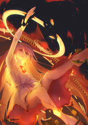 Rule 34 | 1girl, absurdres, alchemy stars, anemoia897, breasts, burnt clothes, chest jewel, dress, fire, hair between eyes, halo, highres, long hair, no nipples, parted lips, raised eyebrows, reaching, reaching towards viewer, red eyes, severed limb, signature, small breasts, solo, strapless, strapless dress, twitter username, uriel (alchemy stars), very long hair, watermark, white dress