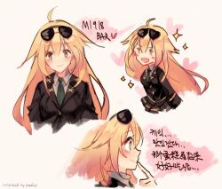 Rule 34 | 1girl, :d, ahoge, aviator sunglasses, black jacket, black skirt, blonde hair, blush, blush stickers, breasts, brown eyes, character name, chinese text, closed mouth, commentary, concept art, dated, eyewear on head, girls&#039; frontline, green necktie, hair between eyes, heart, jacket, korean commentary, korean text, large breasts, long hair, long sleeves, m1918 (girls&#039; frontline), multiple views, necktie, open mouth, profile, simple background, skirt, smile, solo, sparkle, suisai (suisao), sunglasses, third-party source, translation request, upper body, v-shaped eyebrows, very long hair, white background, | |
