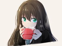 Rule 34 | 10s, 1girl, blush, brown hair, cup, green eyes, highres, holding, idolmaster, idolmaster cinderella girls, kazenoko, long hair, long sleeves, looking at viewer, necktie, open mouth, school uniform, shibuya rin, simple background, sleeves past wrists, solo, steam, upper body, white background
