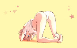 Rule 34 | 1girl, alice margatroid, all fours, ass, bad id, bad pixiv id, bare legs, barefoot, blonde hair, blue eyes, blush, breasts, full body, hairband, looking back, medium breasts, no pants, non (z-art), panties, shirt, short hair, simple background, solo, star (symbol), top-down bottom-up, touhou, underboob, underwear, white panties, white shirt, yellow background