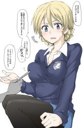 Rule 34 | 1girl, black pantyhose, blonde hair, blue eyes, blue skirt, blue sweater, blush, braid, breast poke, breasts, collarbone, commentary request, darjeeling (girls und panzer), elf (stroll in the woods), french braid, girls und panzer, hair between eyes, highres, open mouth, pantyhose, poking, school uniform, skirt, solo, st. gloriana&#039;s school uniform, sweat, sweater, translated, white background