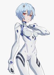 Rule 34 | 1girl, :o, absurdres, ayanami rei, blue hair, bodysuit, breasts, cancell, covered navel, cropped legs, evangelion: 3.0+1.0 thrice upon a time, hair between eyes, hand on own shoulder, highres, interface headset, looking down, neon genesis evangelion, pilot suit, plugsuit, rebuild of evangelion, short hair, skin tight, small breasts, solo, white background