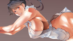 Rule 34 | 10s, 1girl, apron, areola slip, bare shoulders, black hair, blue eyes, blush, breasts, covered erect nipples, gradient background, high ponytail, highres, houshou (kancolle), kantai collection, kunifuto, large breasts, long hair, looking at viewer, naked apron, parted lips, ponytail, solo