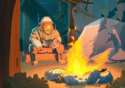 Rule 34 | 1other, absurdres, boots, campfire, can, commentary, english commentary, fire, forest, full body, gloves, hatchling (outer wilds), helmet, highres, holding, holding can, log, nature, night, odity odes, outdoors, outer wilds, patchwork clothes, rock, sitting, sky, space helmet, spacesuit, stick, tree