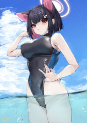 Rule 34 | 1girl, adjusting clothes, adjusting swimsuit, animal ears, black choker, black hair, black one-piece swimsuit, blue archive, blue sky, breasts, cat ears, choker, cloud, colored inner hair, commentary request, competition swimsuit, cowboy shot, extra ears, frontal wedgie, halo, highleg, highleg swimsuit, highres, kazusa (blue archive), large breasts, multicolored hair, one-piece swimsuit, partially underwater shot, pink hair, red eyes, shirasu (19san), sky, solo, swimsuit, two-tone hair, two-tone swimsuit, water, wedgie