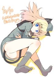Rule 34 | 1girl, animal ears, ass, birthday, blonde hair, blue eyes, blush, bottomless, cat ears, character name, colored shadow, dated, doll, drop shadow, gertrud barkhorn, happy birthday, helma lennartz, holding, holding doll, long hair, nanateru, shadow, smile, socks, solo, strike witches: suomus misfits squadron, tail, uniform, world witches series