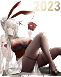 Rule 34 | 1girl, 2023, alternate costume, arknights, bare shoulders, black footwear, bodysuit, breasts, chinese new year, cleavage, closed mouth, cup, drinking glass, envelope, grey hair, hair bun, high heels, highres, holding, holding cup, holding envelope, horns, irkawaza, jewelry, knees up, large breasts, leotard, long hair, looking at viewer, nail polish, pointy ears, red leotard, red nails, ring, shining (arknights), single hair bun, sitting, skindentation, solo, strapless, strapless leotard, thigh strap, torn bodysuit, torn clothes, very long hair, yellow eyes