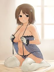 Rule 34 | 10s, 1girl, babydoll, bad id, bad pixiv id, bare shoulders, breasts, brown eyes, brown hair, covering privates, flower, gloves, hair flower, hair ornament, highres, hisakawa riho, idolmaster, idolmaster cinderella girls, large breasts, lingerie, looking at viewer, mimura kanako, navel, open clothes, panties, parted lips, plump, polka dot, see-through, sitting, solo, string panties, thighhighs, underwear, untied, wariza, white thighhighs