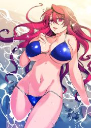 Rule 34 | 10s, 1girl, beach, bikini, blue bikini, breasts, cleavage, collarbone, colored eyelashes, crab, groin, highres, hip focus, huge breasts, ishida akira, long hair, lying, mannequin, maou (maoyuu), maoyuu maou yuusha, navel, on back, open mouth, outdoors, partially submerged, promotional art, purple eyes, red hair, shiny clothes, side-tie bikini bottom, sideboob, slit pupils, solo, swimsuit, textless version, underboob, untied bikini, water, wet