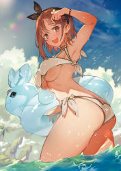 Rule 34 | 1girl, animal, armpits, ass, atelier (series), atelier ryza, atelier ryza 1, bare shoulders, bikini, bird, blue sky, blush, bracelet, breasts, brown eyes, brown hair, cloud, cloudy sky, curvy, day, earrings, female focus, hair ornament, hairband, hairclip, highres, holding, huge ass, innertube, jewelry, looking at viewer, matching hair/eyes, medium breasts, ocean, official art, open mouth, outdoors, partially submerged, reisalin stout, see-through, side-tie bikini bottom, simple background, sky, smile, solo, swim ring, swimsuit, thick thighs, thighs, thong bikini, toridamono, underboob, wading, water, water drop, wet, white bikini, wide hips