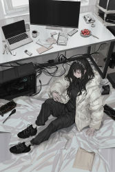 Rule 34 | 1girl, absurdres, bad id, bad twitter id, black footwear, black hair, black shirt, blouse, cellphone, computer, cup, envelope, food, fork, fruit, graphics card, grey theme, headband, highres, laptop, lm7 (op-center), long hair, phone, plate, power strip, screwdriver, shirt, smartphone, solo, strawberry, tagme, wide shot