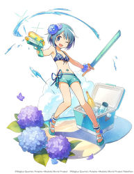 Rule 34 | 1girl, ;d, alternate costume, aniplex, ankle flower, aqua shorts, artist request, backlighting, bare arms, bare legs, bare shoulders, belt, bikini, blue bikini, blue eyes, blue flower, blue footwear, blue hair, blue ribbon, blue theme, blush, bottle, breasts, caustics, cleavage, cloud, collarbone, commentary request, contrapposto, copyright name, dot nose, flower, full body, hair flower, hair ornament, holding, holding sword, holding water gun, holding weapon, hydrangea, ice, ice cube, jar, leaf, legs apart, looking at viewer, mahou shoujo madoka magica, mahou shoujo madoka magica (anime), miki sayaka, ocean, official art, one eye closed, open mouth, oversized flower, petals, phantom of the kill, plaid, plaid bikini, plaid bikini top, platform footwear, purple flower, ribbon, sand, sandals, shadow, shore, short hair, short shorts, shorts, simple background, small breasts, smile, solo, soul gem, sparkle, standing, stomach, swimsuit, sword, thermos, toes, v-shaped eyebrows, water, water gun, weapon, white background, wrist flower