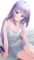 Rule 34 | 1girl, blush, breasts, breasts apart, collarbone, feet out of frame, grey shorts, grey tank top, hand on own thigh, head tilt, idolmaster, idolmaster million live!, long hair, looking at viewer, low-tied long hair, medium breasts, purple hair, shiraishi tsumugi, shorts, solo, tank top, very long hair, yoropa