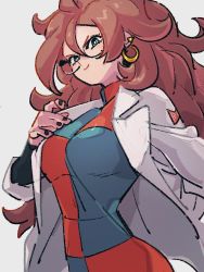 Rule 34 | 1girl, android 21, black nails, blue eyes, breasts, checkered clothes, checkered dress, closed mouth, dragon ball, dragon ball fighterz, dress, earrings, fingernails, glasses, grey background, hair between eyes, hoop earrings, jewelry, kemachiku, lab coat, long hair, looking at viewer, medium breasts, nail polish, red hair, red ribbon army, simple background, smile, solo