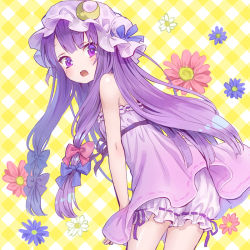 Rule 34 | 1girl, ama-tou, ass, bloomers, bow, flower, hair bow, hair ribbon, hat, leaning forward, long hair, looking at viewer, mob cap, pajamas, patchouli knowledge, purple eyes, purple hair, ribbon, solo, touhou, underwear, white bloomers