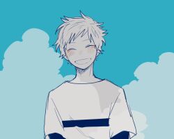 Rule 34 | 1boy, blush, closed eyes, day, facing viewer, grin, maco22, male focus, original, short hair, short sleeves, sky, smile, solo, upper body