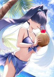Rule 34 | 1girl, accessories, bare arms, bare shoulders, beach, bikini, bikini top only, bird, black hair, blue bikini, blue sarong, blue sky, blush, breasts, covered eyes, cup, cygames, drinking straw, drinking straw in mouth, flower, highres, holding, holding cup, long bangs, long hair, medium breasts, miki shinobu (shadowverse flame), navel, ocean, palm tree, ribbon, riku son, sarong, shadowverse, shadowverse (anime), shadowverse flame, sky, swimsuit, thighs, tree