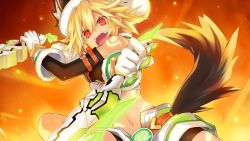 Rule 34 | 10s, 1girl, absurdres, animal ears, blonde hair, cc (choujigen game neptune), crop top, cyberconnect2, fire, game cg, gloves, goggles, green eyes, hat, highres, looking at viewer, midriff, navel, neptune (series), official art, open mouth, solo, sword, tail, tsunako, weapon