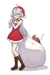 Rule 34 | 2girls, ahoge, alternate costume, bell, black hairband, boots, bow, bowtie, brown footwear, commentary request, detached collar, dress, elbow gloves, fur-trimmed dress, fur trim, gloves, grey eyes, grey hair, gundam, gundam suisei no majo, hair between eyes, hairband, hat, heebee, holding, holding sack, knee boots, long hair, looking at viewer, miorine rembran, multiple girls, neck bell, red bow, red bowtie, red dress, red hair, red headwear, sack, santa boots, santa dress, santa hat, shadow, short dress, simple background, suletta mercury, twitter username, white background, white gloves, zzz