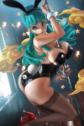Rule 34 | 1girl, absurdres, animal ears, artist name, ass, between breasts, black leotard, blue eyes, blue hair, blue nails, blunt bangs, breasts, bulma, cleavage, curvy, dancing, dragon ball, earrings, fake animal ears, female focus, fishnet thighhighs, fishnets, high heels, highleg, highleg leotard, highres, huge ass, huge filesize, jewelry, large breasts, leotard, lipstick, long hair, looking at viewer, looking back, makeup, matching hair/eyes, nail polish, playboy bunny, pole, pole dancing, rabbit ears, rabbit tail, red footwear, sakimichan, shiny clothes, shiny skin, signature, skindentation, smile, solo, standing, standing on one leg, stripper pole, tail, thighhighs, watermark, web address, wrist cuffs