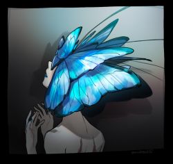 Rule 34 | 1girl, black border, blue lips, blue nails, border, butterfly wings, completely nude, fingernails, from behind, head wings, insect wings, lipstick, looking up, makeup, mullmull02, nail polish, nude, original, parted lips, solo, twitter username, upper body, wings