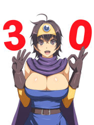 Rule 34 | 1girl, :d, abu, ahoge, anniversary, belt, black gloves, black hair, breasts, cape, cleavage cutout, clothing cutout, dragon quest, dragon quest iii, gloves, large breasts, looking at viewer, open mouth, roto (dq3), short hair, simple background, smile, solo, white background