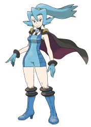 Rule 34 | 00s, 1girl, absurdres, blue eyes, blue hair, boots, cape, clair (pokemon), creatures (company), full body, game freak, gloves, gym leader, high heels, highres, leotard, matching hair/eyes, nintendo, official art, pokemon, pokemon hgss, ponytail, shoes, solo, standing, sugimori ken, transparent background, unitard