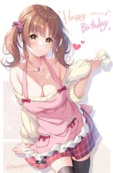 Rule 34 | 1girl, apron, arm at side, bare shoulders, birthday, black thighhighs, blush, bow, bow apron, breasts, brown eyes, brown hair, cleavage, closed mouth, collarbone, commentary request, cowboy shot, dated, english text, food, food on body, food on breasts, frilled apron, frills, hair ornament, hair scrunchie, hand up, happy birthday, head tilt, heart, heart necklace, highres, holding, holding pastry bag, icing, idolmaster, idolmaster cinderella girls, jewelry, large breasts, leaning, leaning to the side, long sleeves, looking at viewer, medium bangs, medium hair, miniskirt, mizukoshi mayu, necklace, off-shoulder sweater, off shoulder, official alternate costume, parted bangs, pastry bag, pendant, pink apron, pink scrunchie, pink skirt, plaid, plaid skirt, pocket, red bow, red ribbon, ribbed sweater, ribbon, scrunchie, sidelocks, signature, skirt, smile, sparkle, standing, star (symbol), straight-on, straight hair, sweater, thighhighs, thighs, totoki airi, twintails, white sweater, white trim