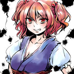 Rule 34 | 1girl, breasts, cleavage, faux traditional media, female focus, grin, hair bobbles, hair ornament, large breasts, matilda (matildax), onozuka komachi, red eyes, red hair, short hair, short twintails, smile, solo, touhou, twintails, two side up, upper body