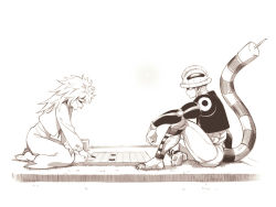 Rule 34 | 1boy, 1girl, asutora, barefoot, board game, closed mouth, greyscale, hunter x hunter, komugi (hunter x hunter), long hair, long sleeves, looking at another, meruem, monochrome, open mouth, simple background, sitting, tail, white background