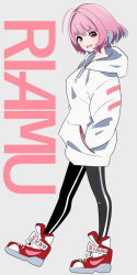 Rule 34 | 1girl, ahoge, alternate costume, black pants, blue hair, blush, character name, clothes writing, drawstring, fang, from side, full body, grey background, hands in pocket, hood, hood down, hoodie, idolmaster, idolmaster cinderella girls, long sleeves, looking at viewer, looking to the side, mitche, open mouth, pants, pink hair, red eyes, red footwear, short hair, simple background, solo, track pants, walking, white hoodie, yumemi riamu
