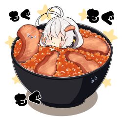 Rule 34 | 1girl, antenna hair, blush, brown eyes, caviar, closed mouth, eating, food, food-themed hair ornament, food on face, grey hair, hair between eyes, hair ornament, headphones, highres, in bowl, in container, kizuna akari, long hair, milkpanda, salmon, simple background, solo, star (symbol), voiceroid, white background