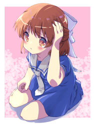 Rule 34 | 1girl, akayama yukihe, blue dress, blush, border, bow, brown eyes, brown hair, child, clannad, closed mouth, commentary request, dress, from above, frown, full body, hair between eyes, hair bow, half updo, hand on own head, highres, kindergarten uniform, long hair, looking at viewer, medium hair, necktie, okazaki ushio, pink background, sailor collar, sailor dress, short sleeves, sidelighting, simple background, sitting, solo, tareme, white border, white bow, white necktie, white sailor collar