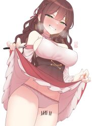 Rule 34 | 1girl, absurdres, bare shoulders, blush, braid, breasts, brown hair, clothes lift, commentary, dress, dress lift, english commentary, green eyes, grin, highres, holding, holding marker, jewelry, kijikoru, large breasts, long hair, looking at viewer, marker, miori celesta, naughty face, panties, ring, sideboob, smile, solo, steam, tally, tsunderia, underwear, virtual youtuber, wavy hair