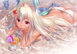 Rule 34 | 10s, 1girl, arm support, ass, bare shoulders, bikini, blush, breasts, butt crack, cup, dark-skinned female, dark skin, dragon, drinking glass, drinking straw, flower, granblue fantasy, hair flower, hair ornament, long hair, looking at viewer, lying, misao (kami no misoshiru), on stomach, red eyes, solo, swimsuit, white bikini, white hair, zooey (granblue fantasy), zooey (summer) (granblue fantasy)