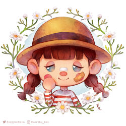 Rule 34 | 1girl, animal crossing, bandaid, bandaid on face, bandaid on nose, black eyes, braid, brown hair, eyelashes, facial mark, faux traditional media, flower, half-closed eyes, hat, highres, instagram username, long sleeves, melllorine, nintendo, no fingers, shirt, smile, solo, straw hat, striped clothes, striped shirt, twin braids, twitter username, upper body, villager (animal crossing), white background, white flower